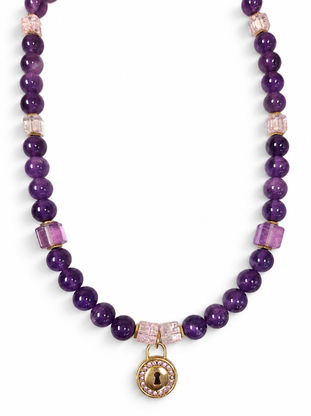 8 mm Amethyst & Fluorite Lock Charm Necklace — 17 Inches